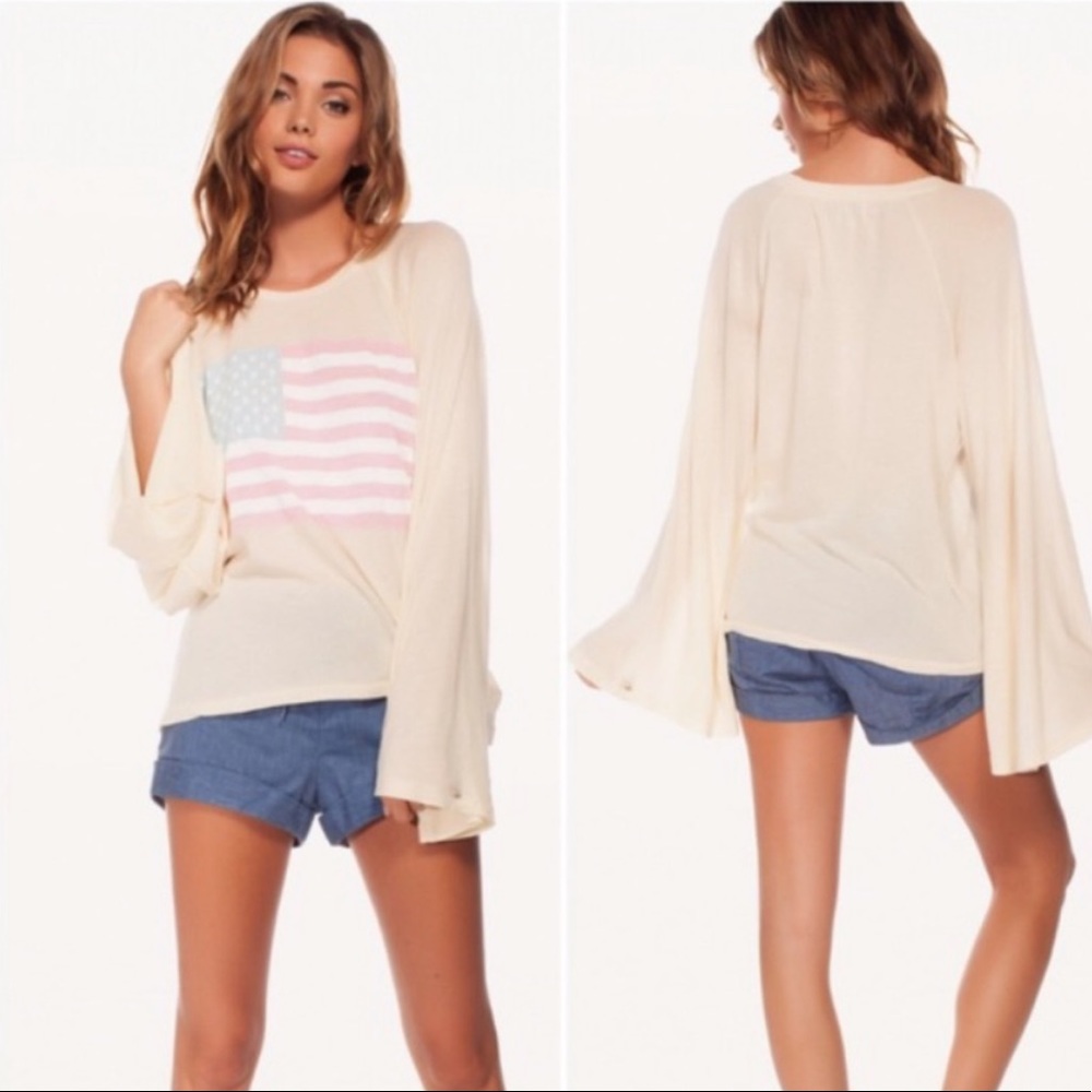 Wildfox Patriotic American L/S Bell Sleeve Tee in Cream Off-White Size Medium
